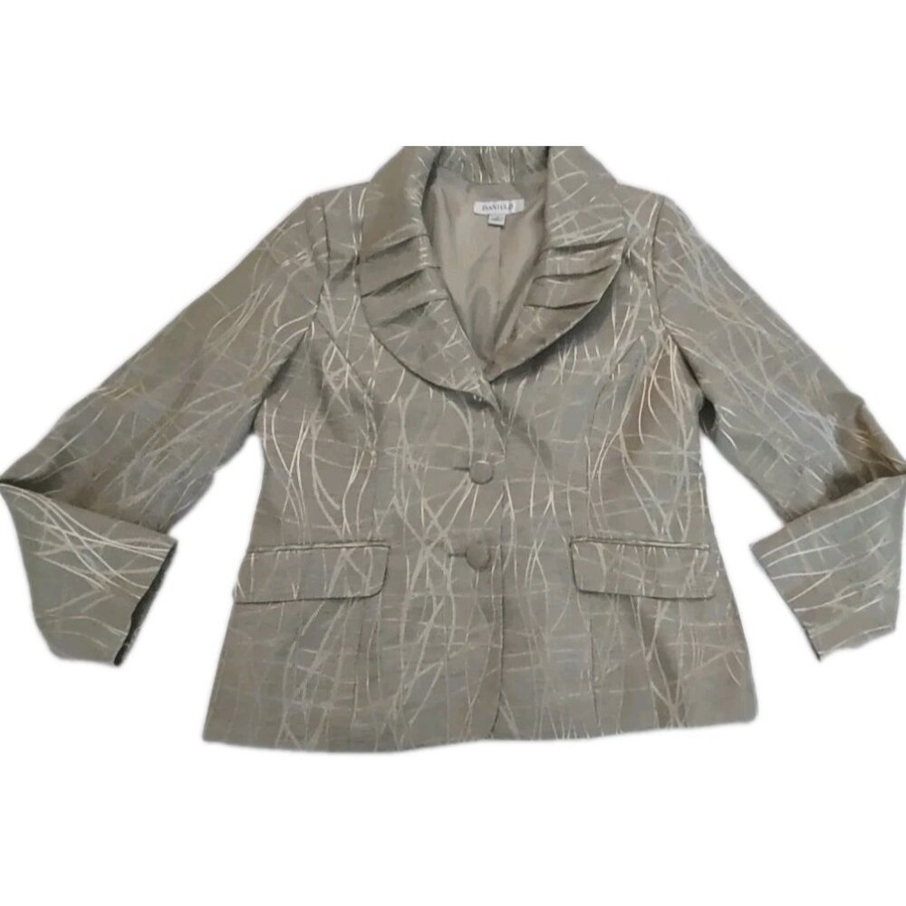 Danillo Women 2 Button Blazer Jacket Sage Green Gold Sz 14 Pleated Elegant Neck - Picture 4 of 16